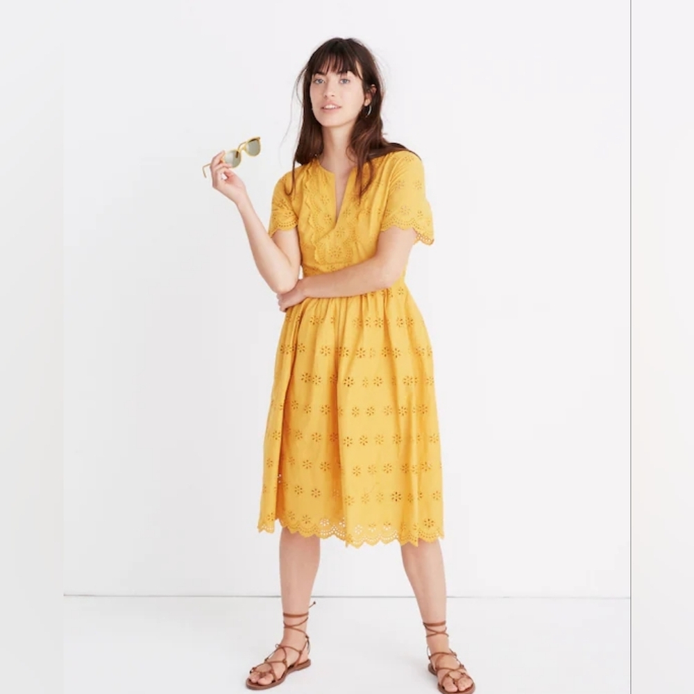 Madewell Scalloped Eyelet Midi Dress in Tungston Glow Yellow size 4‎ 100% Cotton
